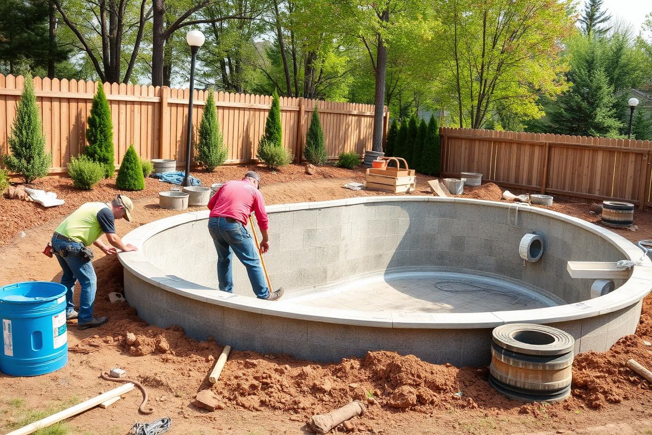 Installation crew leveling ground and assembling a backyard pool wall