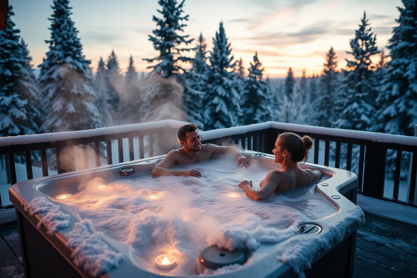Couple relaxing in a steaming hot tub on a snowy deck at dusk in South Dakota