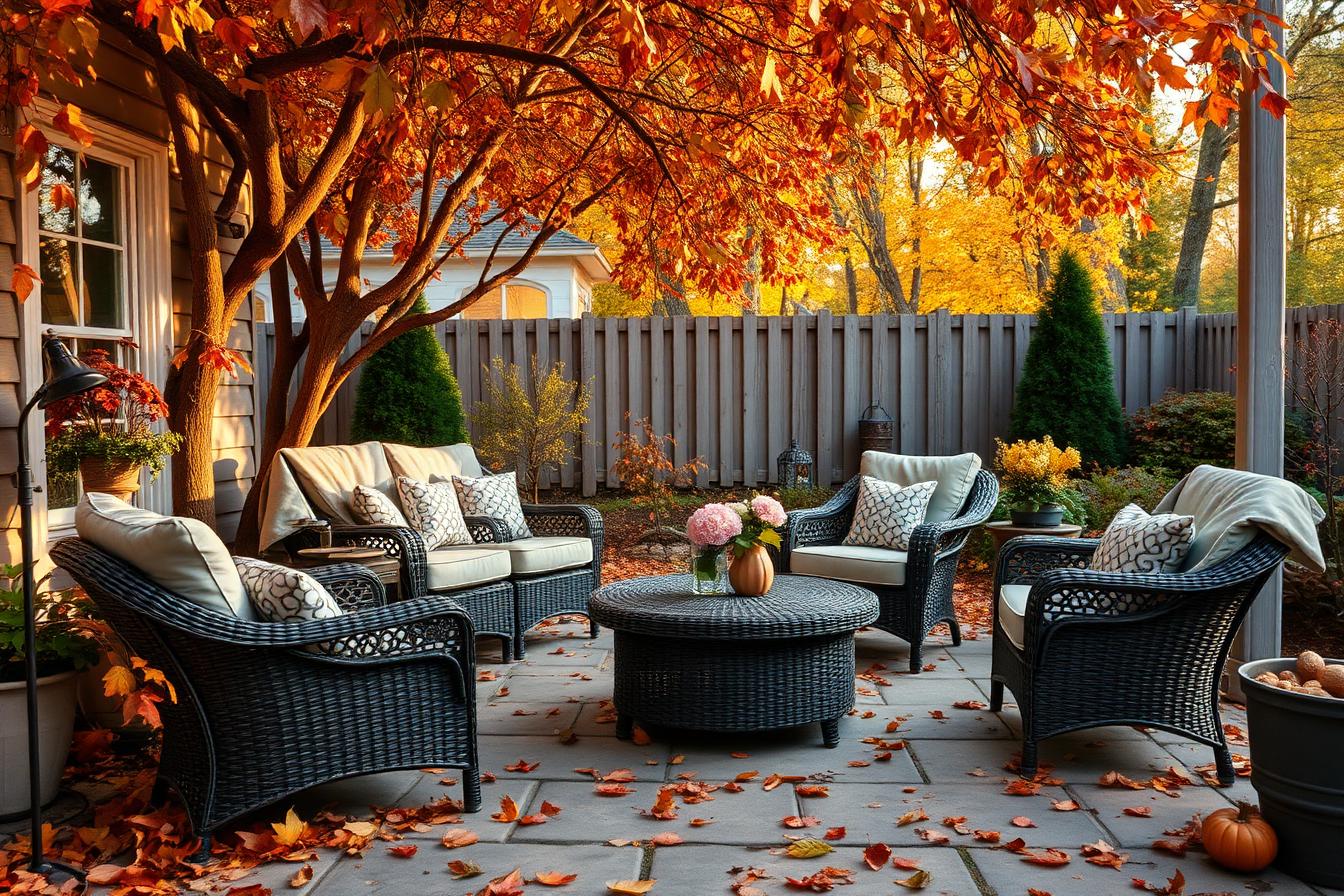 Cozy autumn backyard patio with all-weather wicker furniture and fallen leaves