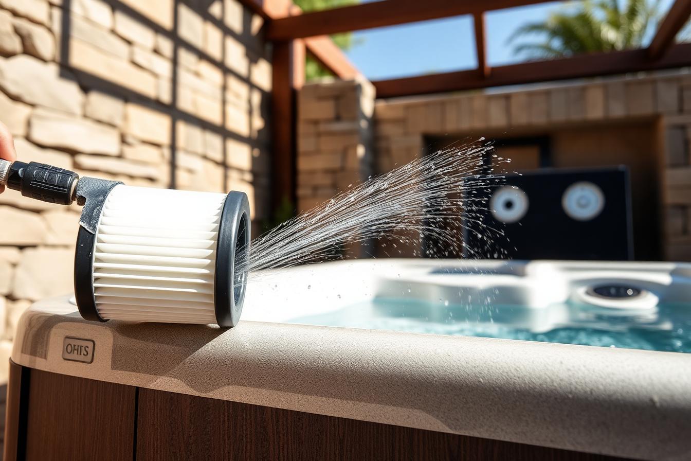Spa filter cartridge being rinsed with a hose beside an open hot tub equipment bay