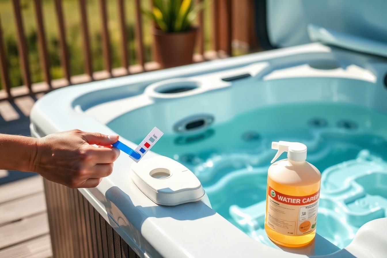Testing hot tub water with a test strip beside a clean spa and water care products