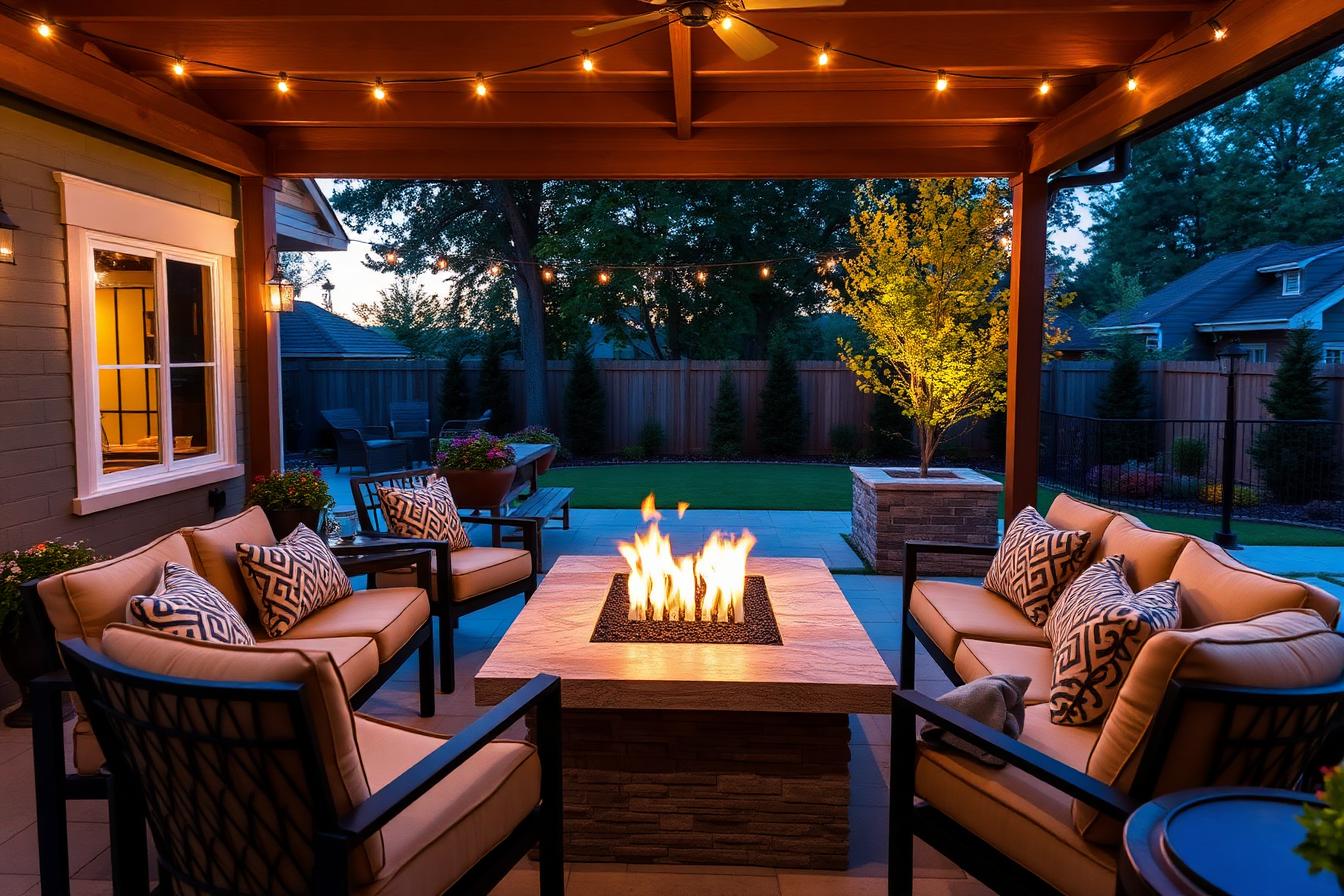 Upscale backyard patio at dusk with cushioned outdoor furniture, a lit gas fire table and string lights