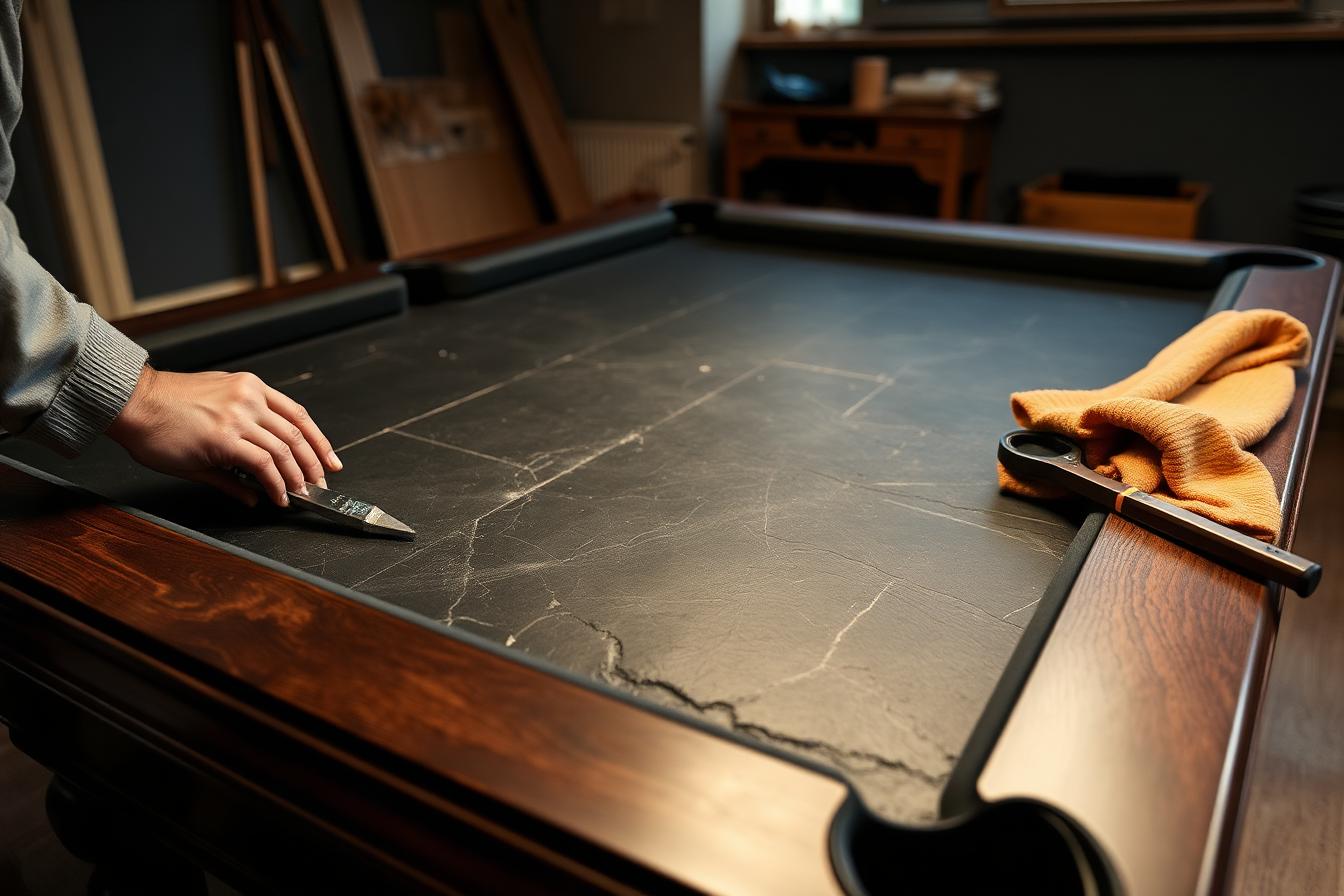 Installer leveling the slate bed of a pool table during assembly