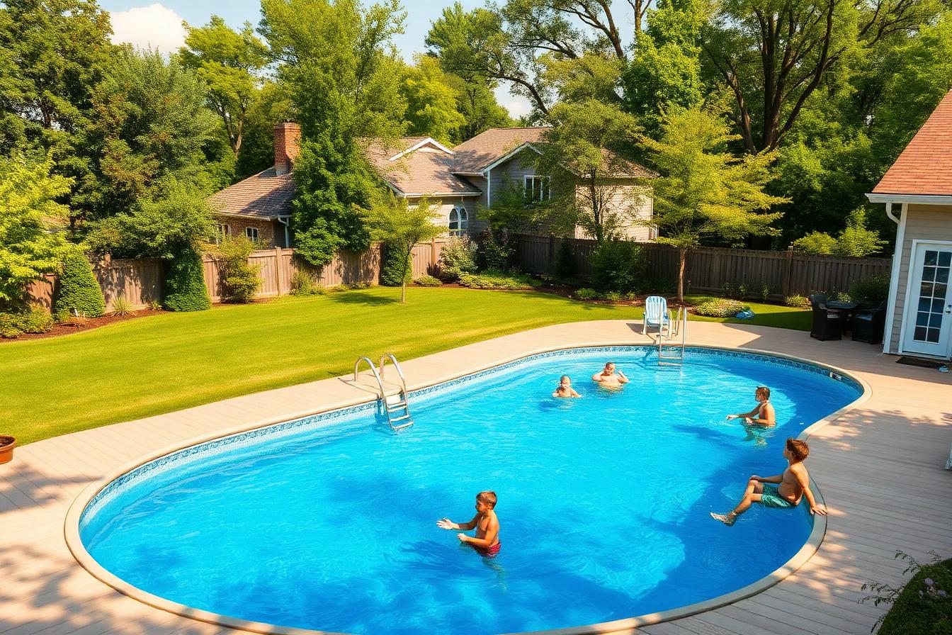 Family swimming in a large above-ground pool with a surrounding deck in a sunny Midwest backyard