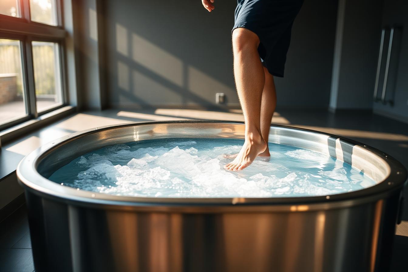 Person stepping into a stainless steel cold plunge tub filled with ice water in a home gym