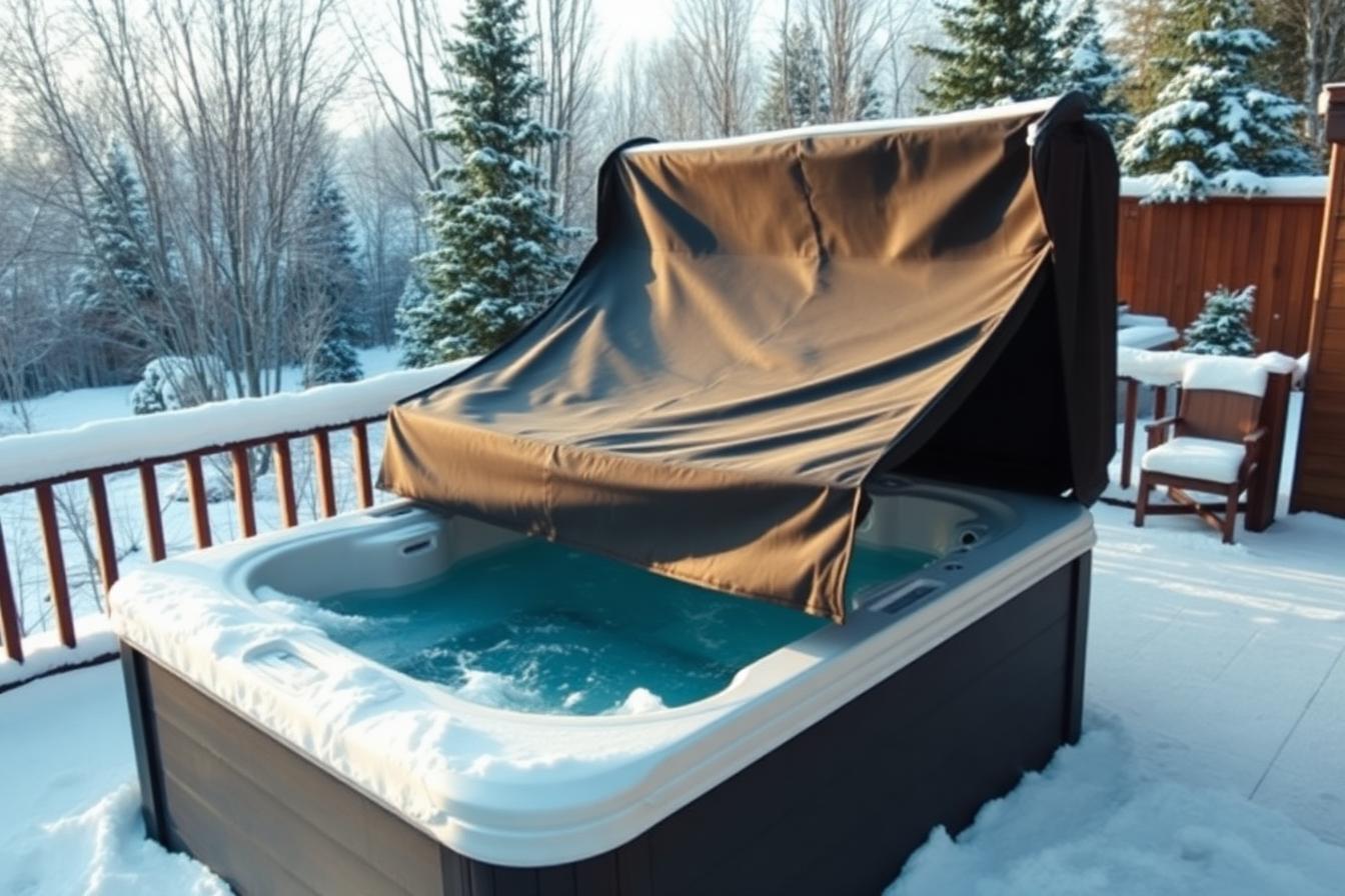Insulated hot tub cover being lifted off a spa on a snow-covered deck