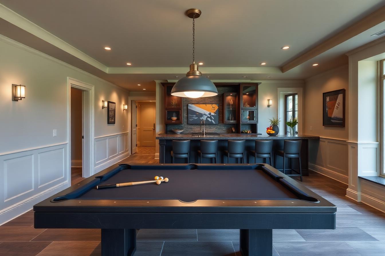 Premium slate pool table in a finished basement game room with bar seating and pendant lighting