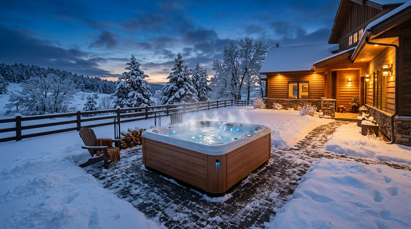 Steaming hot tub on a snow-covered South Dakota patio at twilight.