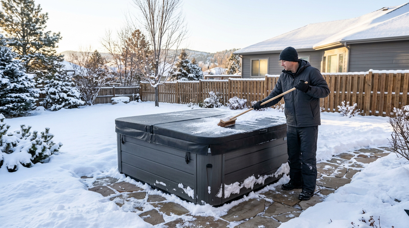 Man clearing light snow from a well-sealed hot tub cover in a winter backyard setting.