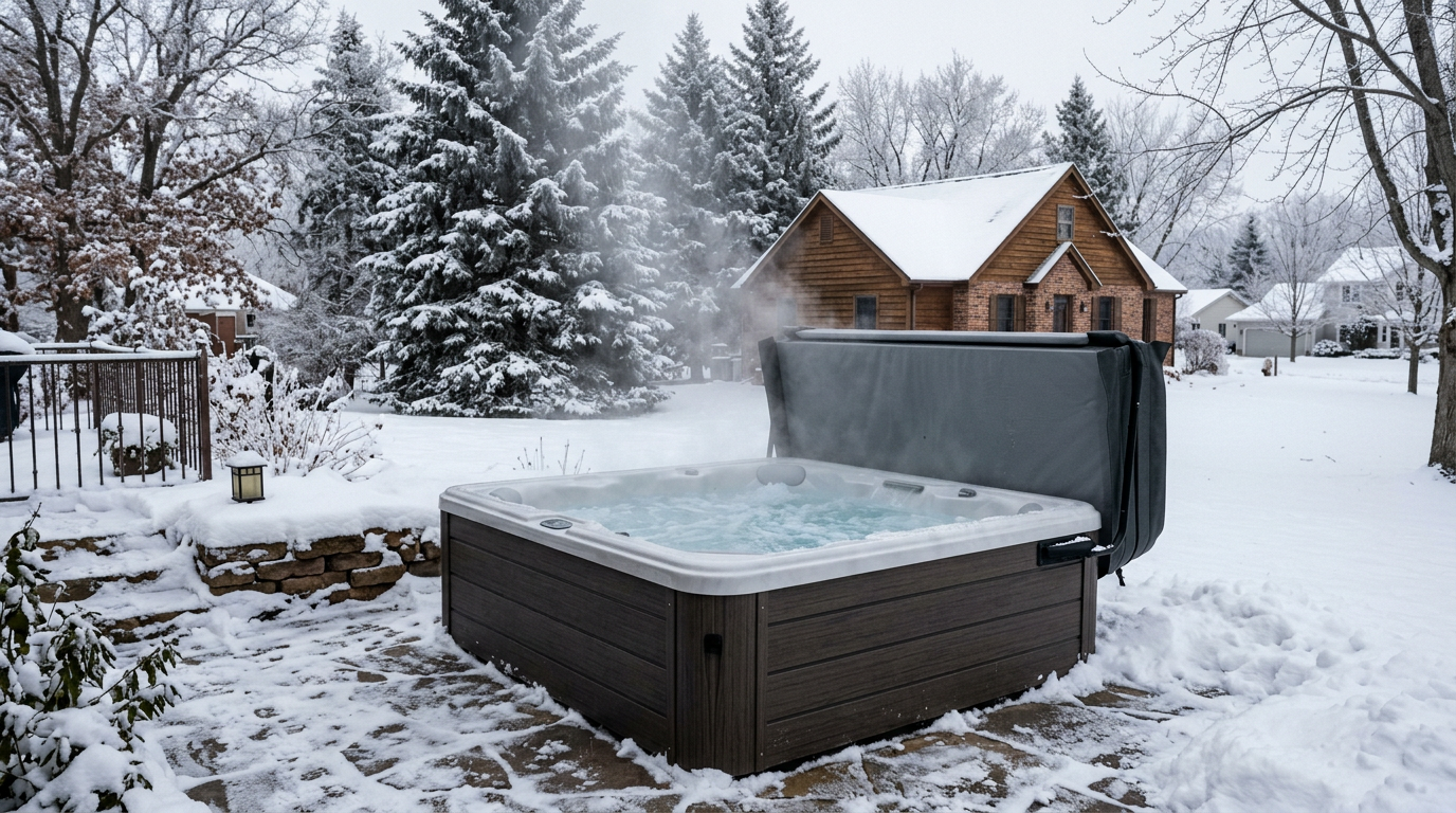 A steaming outdoor hot tub in a snowy Sioux Falls South Dakota yard during a golden winter sunset.
