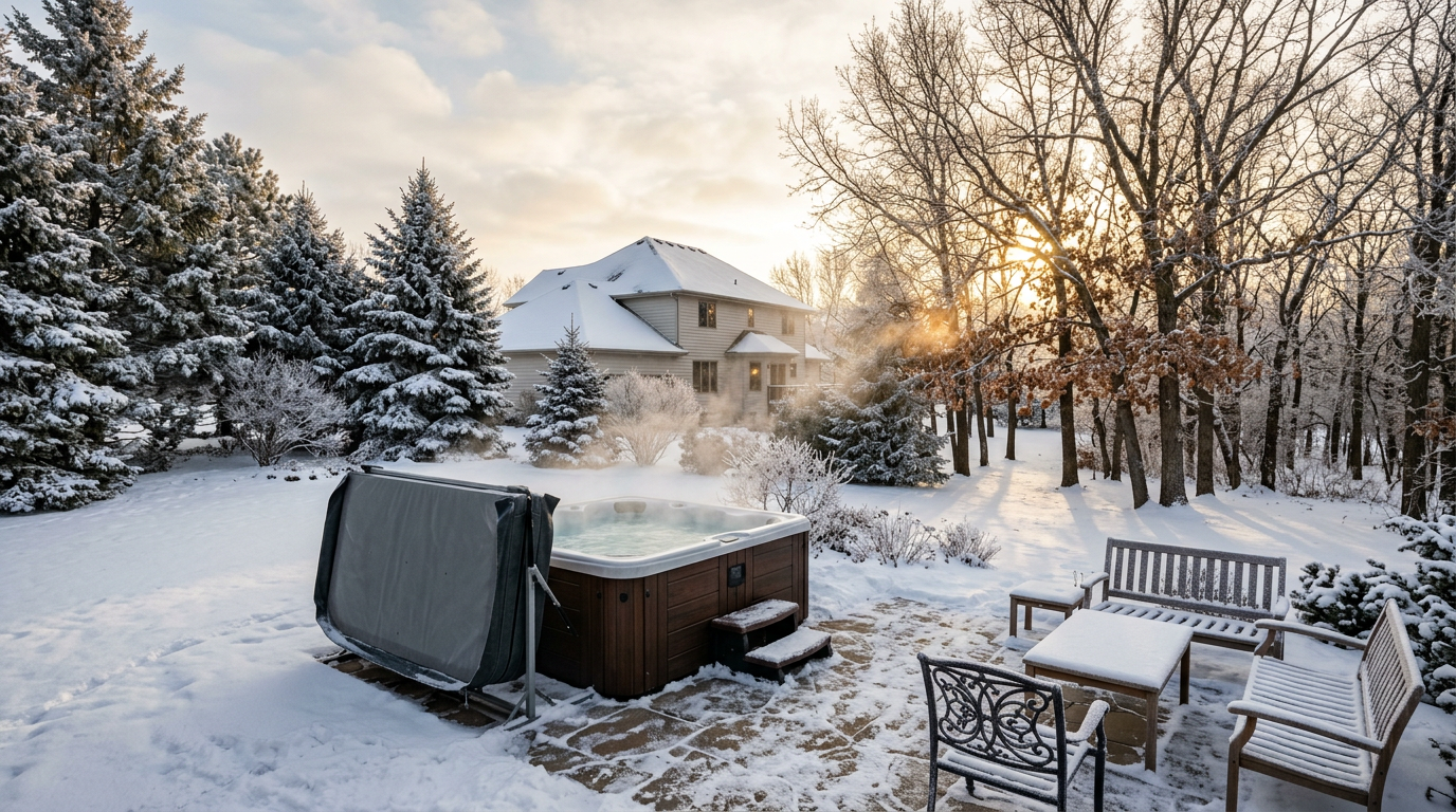 An outdoor hot tub with a floating thermal blanket on the water surface in a snowy South Dakota yard.