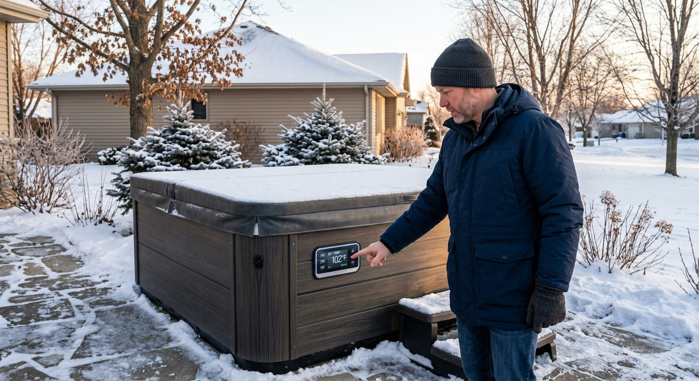 A cold-climate heat pump auxiliary unit installed next to an outdoor hot tub in Sioux Falls.