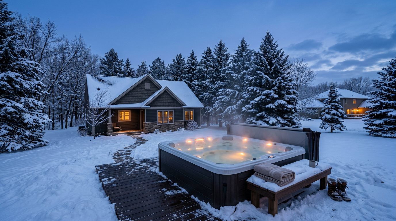 Steaming hot tub glowing softly during a serene snowy winter evening in South Dakota.