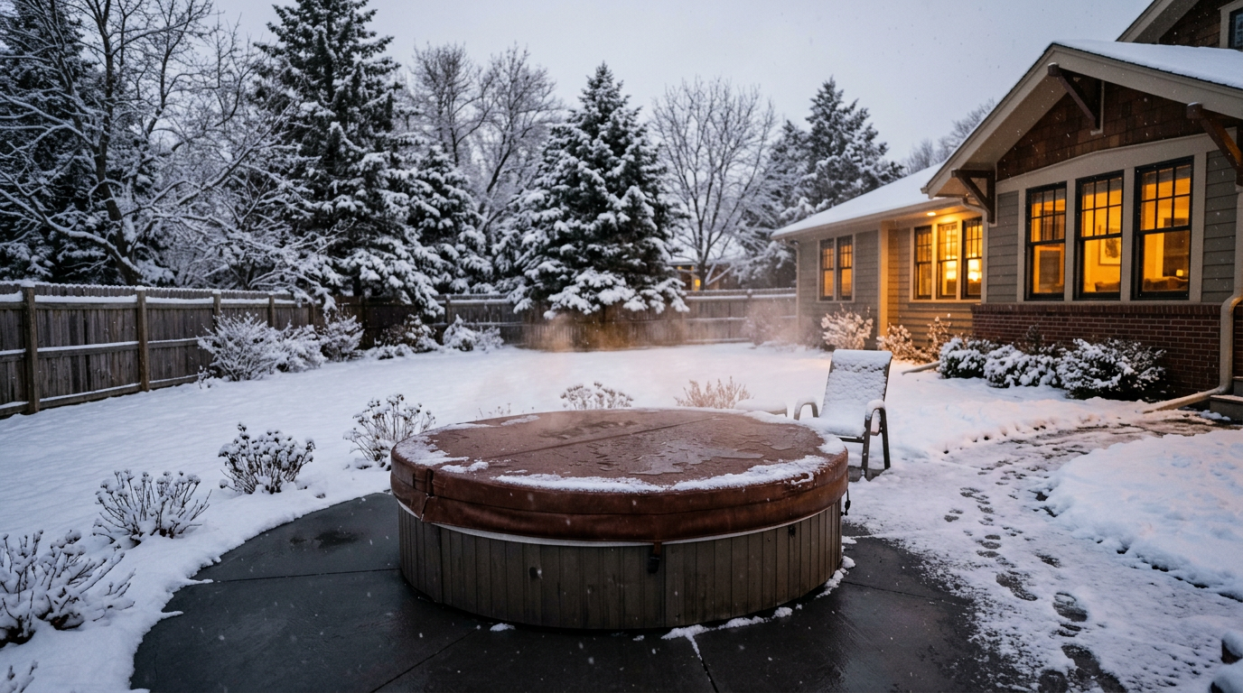 Heavy-duty insulated hot tub cover sealed tightly over a spa in a snow-covered South Dakota backyard.