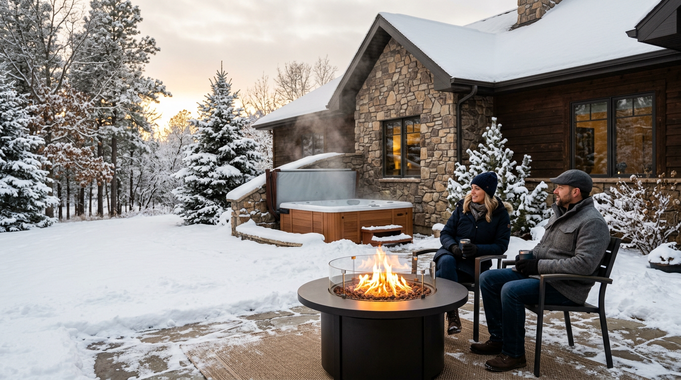 Hot tub installed in a sheltered backyard space in Rapid City with a fire table glowing in winter light.